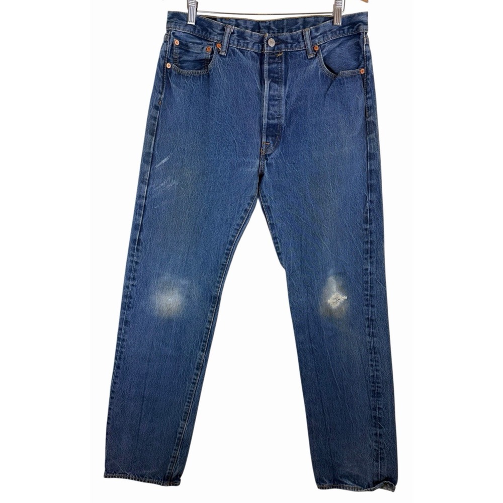 Levi's 501 Classic Button Fly Men's 38X38 Distressed Denim Blue Jeans Thrashed